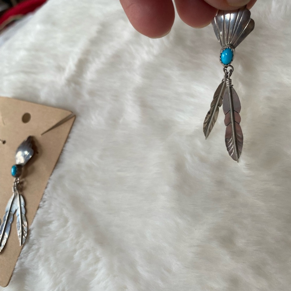 2.25” Sterling Silver Turquoise Feather Drop Earrings - Blue - Picture 4 of 5